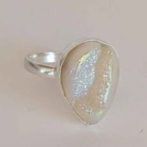 Genuine Druzy Moonstone Cocktail Ring 925 Sterling Silver Teardrop Statement